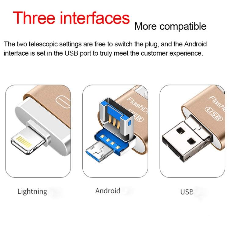 128GB USB 3.0 + 8 Pin + Mirco USB Android iPhone Computer Dual-use Metal Flash Drive, 128GB USB 3.0