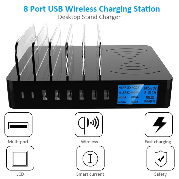 50W 6 USB Ports + 2 USB-C / Type-C Ports + Wireless Charging Multi-function Charger with LED Display & Detachable Bezel, UK Plug, UK Plug