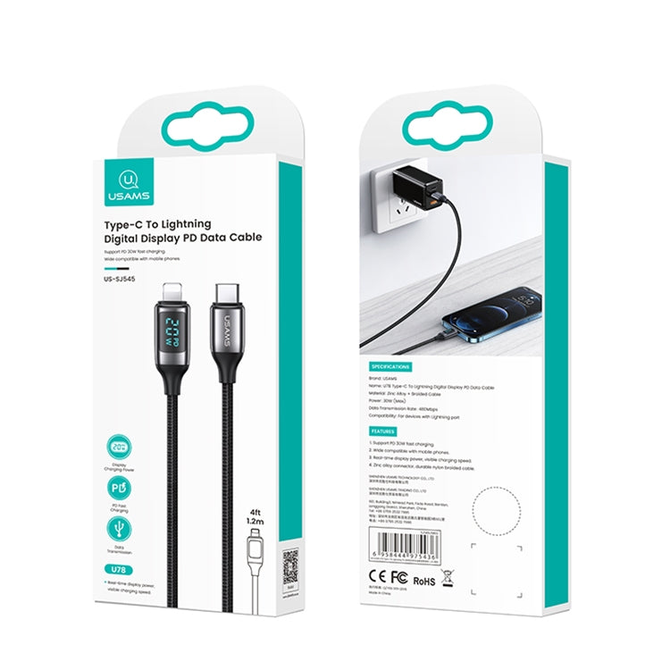 USAMS US-SJ545 U78 Type-C / USB-C to 8 Pin PD Aluminum Alloy Digital Display Fast Charging Data Cable, Length: 1.2m, Type-C to 8 Pin