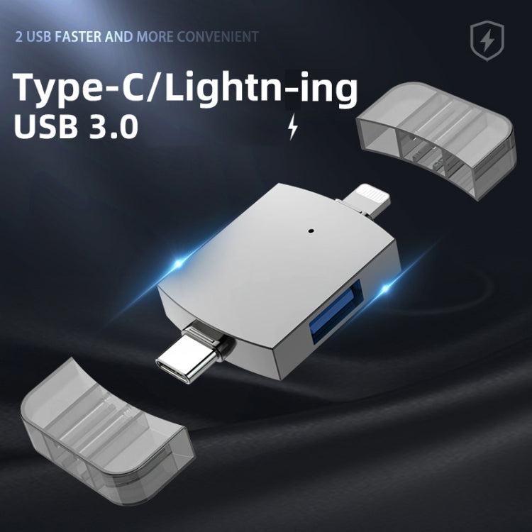 2 in 1 USB 2.0 + USB 3.0 Female to 8 Pin + USB-C / Type-C Male OTG Adapter, USB 2.0 + USB 3.0 Female to 8 Pin + USB-C / Type-C Male