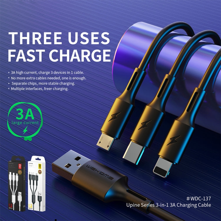 WK WDC-137 3 in 1 USB to Micro USB / 8 Pin + USB-C / Type-C 3A Fast Charing Cable, 1 to 3(Black), 1 to 3(White)