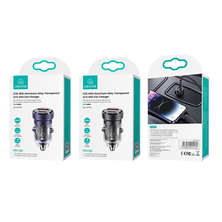 USAMS US-CC175 C35 45W Aluminum Alloy Transparent Dual USB Port Mini Car Charger, CC175 C35