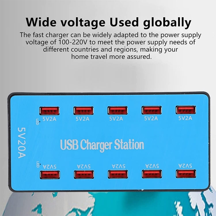 A5B 100W 10 Ports USB Smart Charging Station with Indicator Light, US Plug, 100W