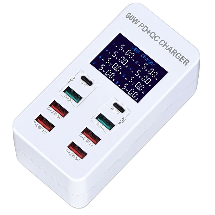 A8T 60W 8 Ports USB + QC3.0 + PD Type-C Smart Charging Station with Digital Display AC100-240V, AU Plug, A8T AU Plug