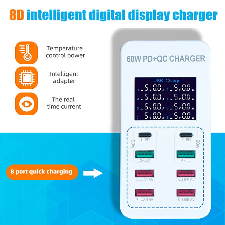 A8T 60W 8 Ports USB + QC3.0 + PD Type-C Smart Charging Station with Digital Display AC100-240V, EU Plug, A8T EU Plug