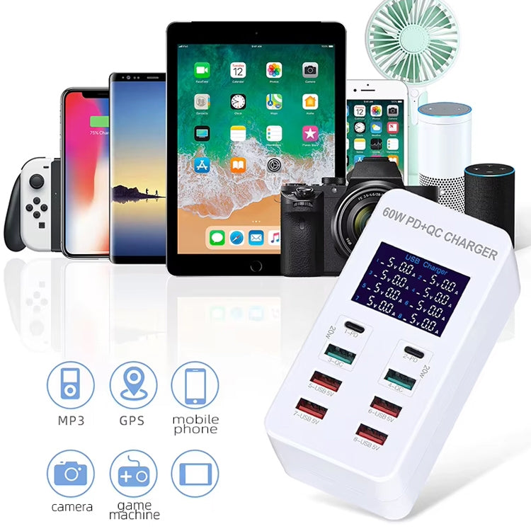 A8T 60W 8 Ports USB + QC3.0 + PD Type-C Smart Charging Station with Digital Display AC100-240V, EU Plug, A8T EU Plug