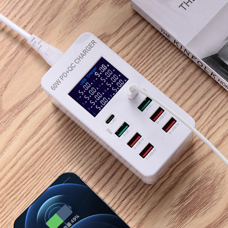 A8T 60W 8 Ports USB + QC3.0 + PD Type-C Smart Charging Station with Digital Display AC100-240V, EU Plug, A8T EU Plug