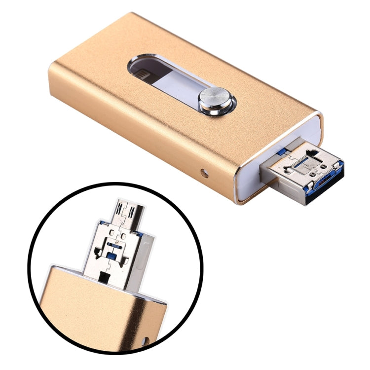 RQW-02 3 in 1 USB 2.0 & 8 Pin & Micro USB 32GB Flash Drive, RQW-02 Gold