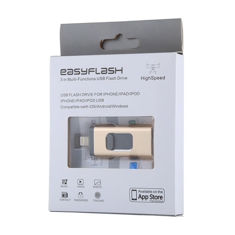 easyflash RQW-01B 3 in 1 USB 2.0 & 8 Pin & Micro USB 32GB Flash Drive, RQW-01B Gold