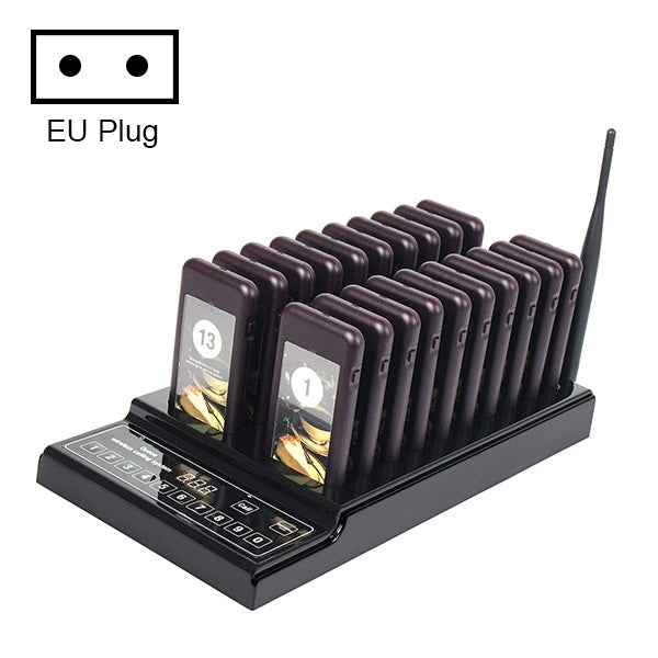 QC100 999 Channel Restaurant Wireless Paging Queuing Calling System with 20 Call Coaster Pagers, EU Plug