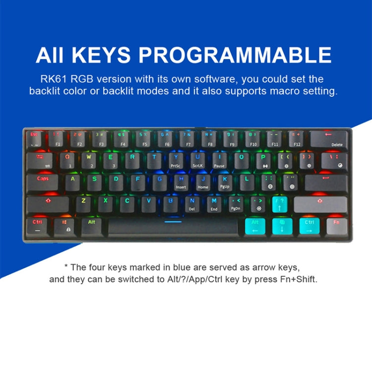 RK61 61 Keys Bluetooth / 2.4G Wireless / USB Wired Three Modes Blue Switch Tablet Mobile Gaming Mechanical Keyboard with RGB Backlight, Cable Length: 1.5m, Blue Switch