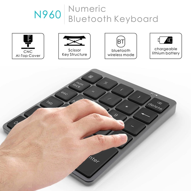 N960 Ultra-thin Universal Aluminum Alloy Rechargeable Wireless Bluetooth Numeric Keyboard, N960