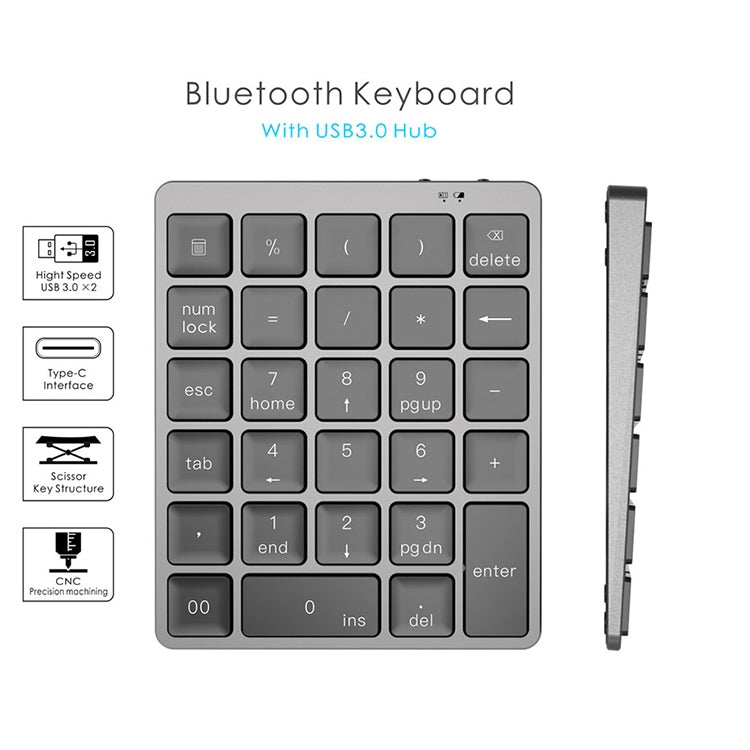 N970 Pro Dual Modes Aluminum Alloy Rechargeable Wireless Bluetooth Numeric Keyboard with USB HUB, N970 Pro