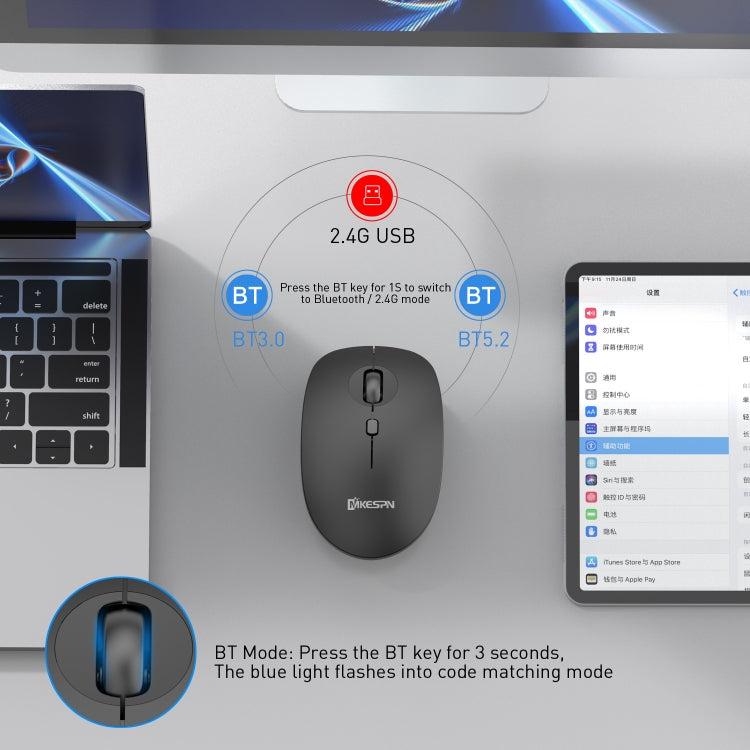 MKESPN 859 2.4G+BT5.0+BT3.0 Three Modes Wireless Mouse, 2.4G+BT5.0+BT3.0
