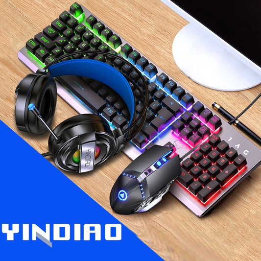 YINDIAO K002 USB Wired Mechanical Feel Sound Control RGB Backlight Keyboard + Optical Silent Mouse + Headset Set, Sound Control Backlight / Black, Sound Control Backlight / Silent / Black