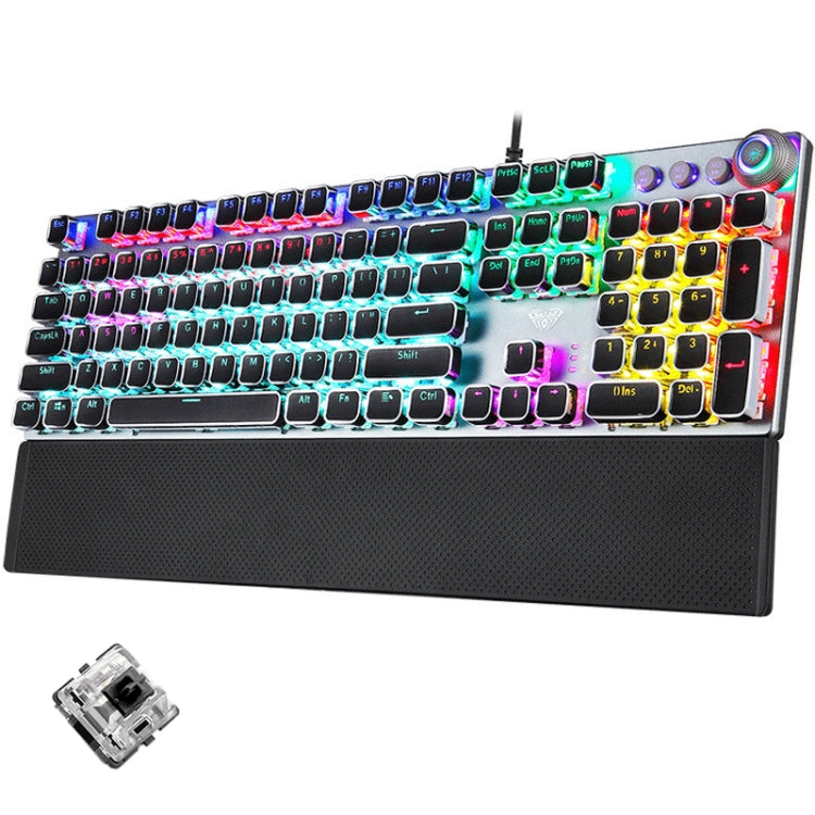 AULA F2088 108 Keys Mixed Light Plating Punk Mechanical Black Switch Wired USB Gaming Keyboard with Metal Button, Black Switch Silver