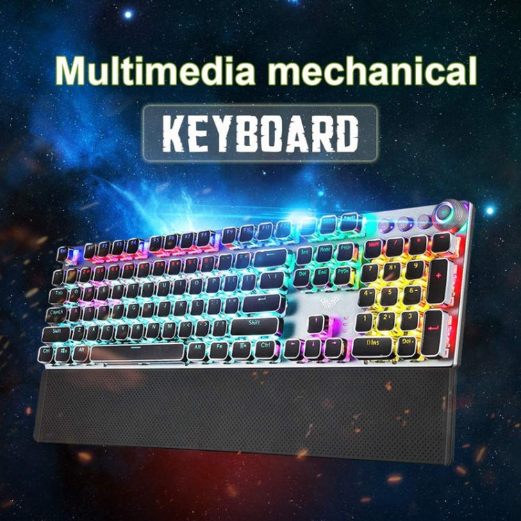 AULA F2088 108 Keys Mixed Light Plating Punk Mechanical Black Switch Wired USB Gaming Keyboard with Metal Button, Black Switch Silver