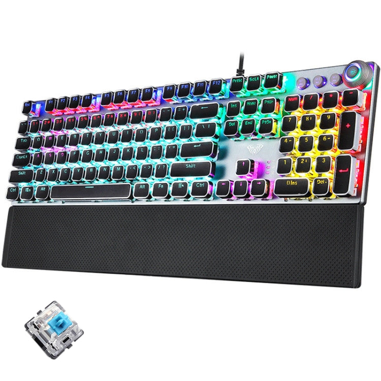 AULA F2088 108 Keys Mixed Light Plating Punk Mechanical Blue Switch Wired USB Gaming Keyboard with Metal Button, Blue Switch Silver