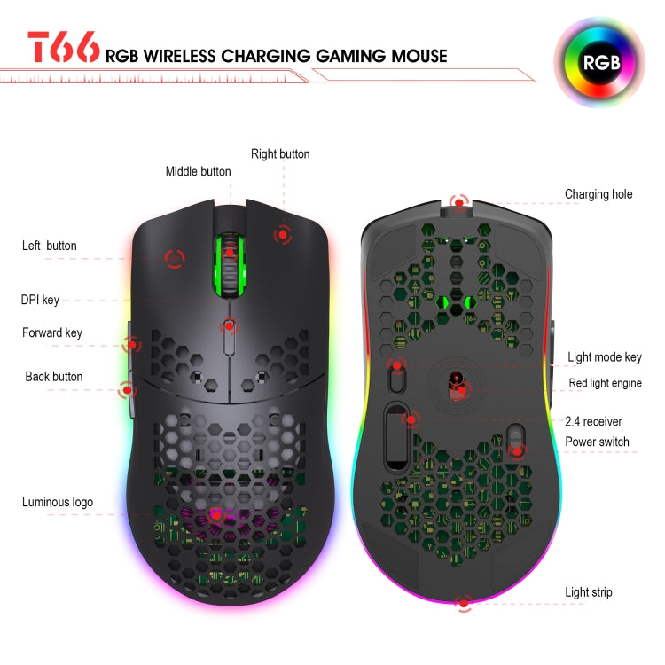 HXSJ T66 7 Keys Colorful Lighting Programmable Gaming Wireless Mouse, T66(White), T66(Black)