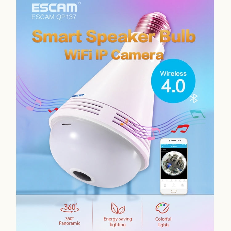 ESCAM QP137 2MP HD 1080P 360 Degree Panoramic Bluetooth Speaker Bulb IP Camera, E27, WiFi, Motion Detection,, QP137