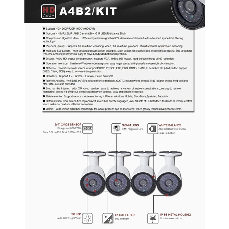 A4B2 4Ch Bullet IP Camera NVR Kit, Support Night Vision / Motion Detection, IR Distance: 20m, A4B2/Kit 720P, A4B2/Kit 1080P, A4B2/Kit 960P