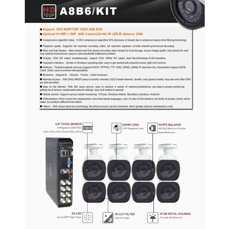 A8B6 8Ch Bullet IP Camera NVR Kit, Support Night Vision / Motion Detection, IR Distance: 15m, A8B6/Kit 720P 1.0MP, A8B6/Kit 960P 1.3MP, A8B6/Kit 1080P 2.0MP