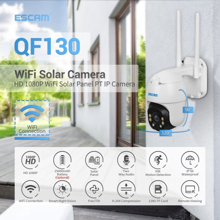 ESCAM QF130 1080P IP66 Waterproof WiFi IP Camera with Solar Panel, Support Night Vision & Motion Detection & Two Way Audio & TF Card & PTZ Control, without Battery