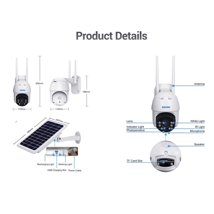 ESCAM QF130 1080P IP66 Waterproof WiFi IP Camera with Solar Panel, Support Night Vision & Motion Detection & Two Way Audio & TF Card & PTZ Control, without Battery