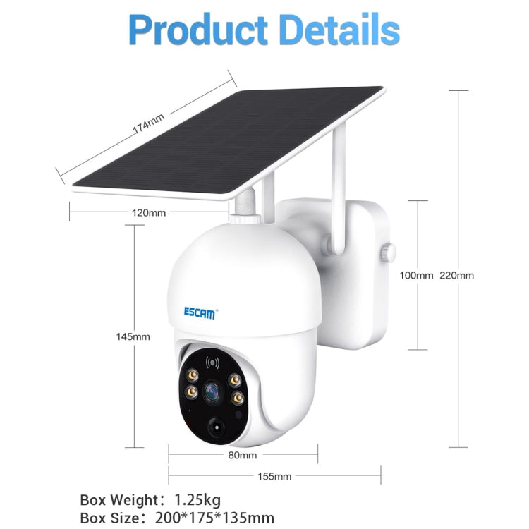 ESCAM QF255 2.0 Million Pixels 1080P HD WiFi Solar Camera, Support Two-way Voice & PIR Motion Detection & Night Vision & TF Card, QF255