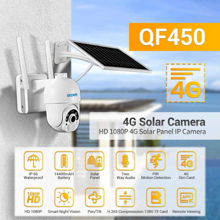 ESCAM QF450 HD 1080P 4G AU Version Solar Powered IP Camera without Memory, Support Two-way Audio & PIR Motion Detection & Night Vision & TF Card, without Memory