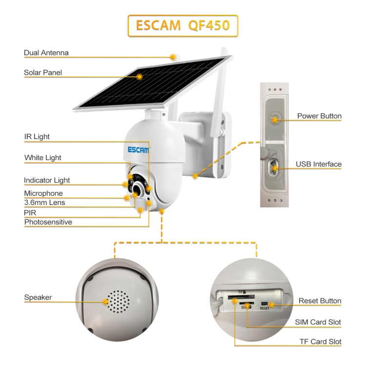 ESCAM QF450 HD 1080P 4G EU Version Solar Powered IP Camera with 16G Memory, Support Two-way Audio & PIR Motion Detection & Night Vision & TF Card, with 16G Memory