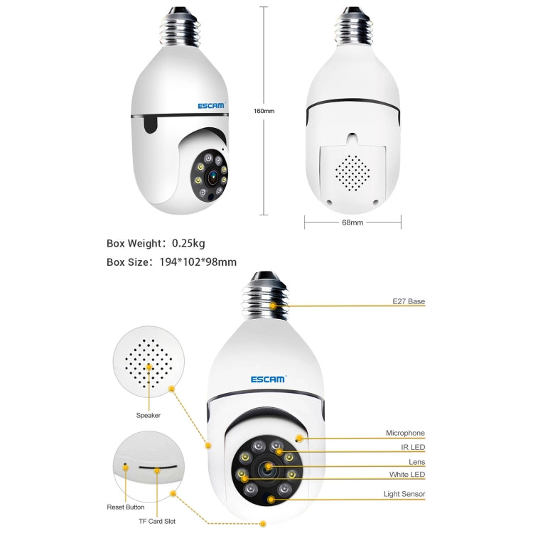 ESCAM PT208 1080P HD Light Bulb WiFi Camera, Support Motion Detection, Two-way Audio, Night Vision, TF Card, ESCAM PT208