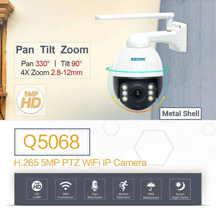 ESCAM Q5068 H.265 5MP Pan / Tilt / 4X Zoom WiFi Waterproof IP Camera, Support ONVIF Two Way Talk & Night Vision, AU Plug, EU Plug, AU Plug, UK Plug, US Plug