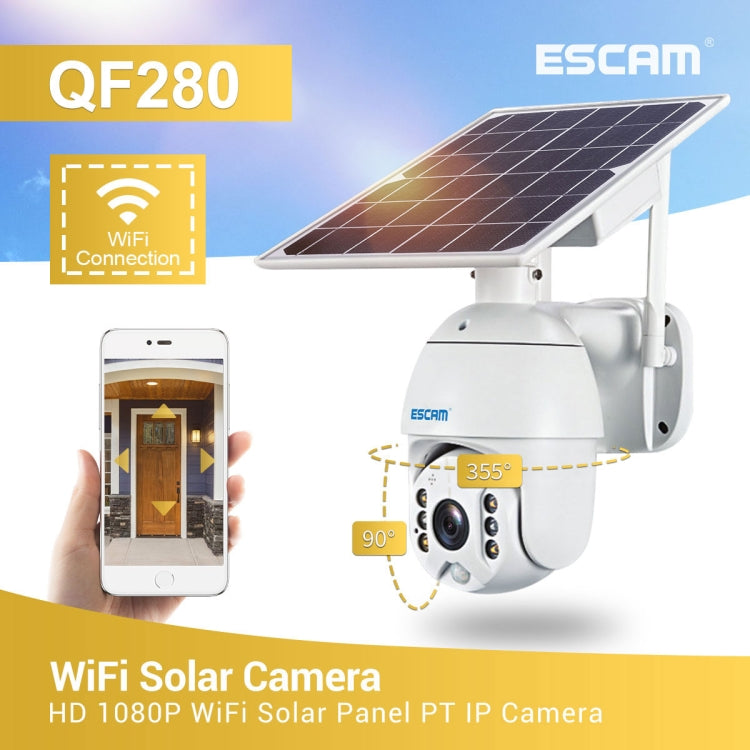 ESCAM QF280 HD 1080P IP66 Waterproof WiFi Solar Panel PT IP Camera without Battery, Support Night Vision / Motion Detection / TF Card / Two Way Audio, without Battery