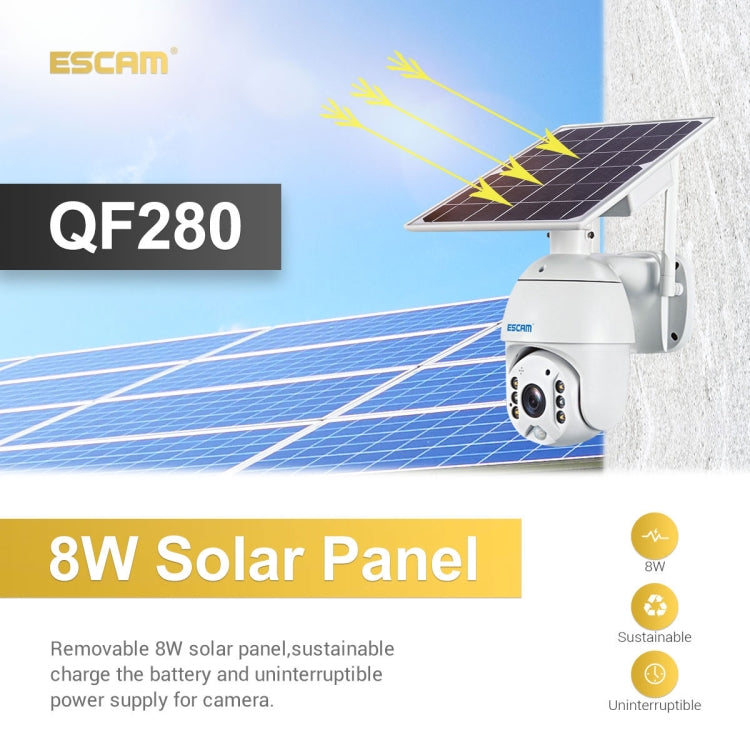 ESCAM QF280 HD 1080P IP66 Waterproof WiFi Solar Panel PT IP Camera without Battery, Support Night Vision / Motion Detection / TF Card / Two Way Audio, without Battery