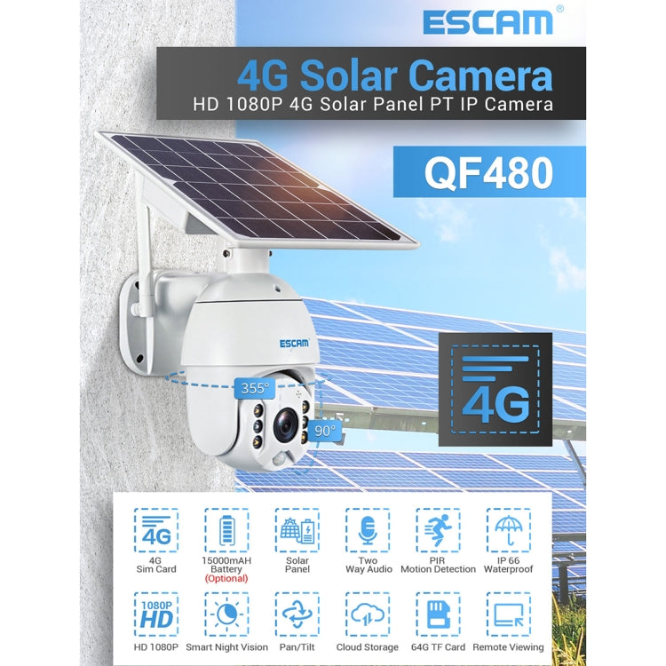 ESCAM QF480 US Version HD 1080P IP66 Waterproof 4G Solar Panel PT IP Camera without Battery, Support Night Vision / Motion Detection / TF Card / Two Way Audio, without Battery(US Version)