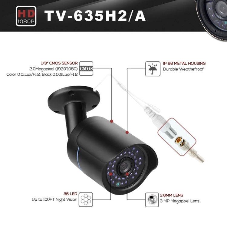 TV-635H2/A IP66 Waterproof 1920x1080P AHD Camera, 1/2.7 inch 2MP CMOS Sensor Lens, Motion Detection, 20m IR Night Vision, CE & RoHS Certificated, TV-635H2/A