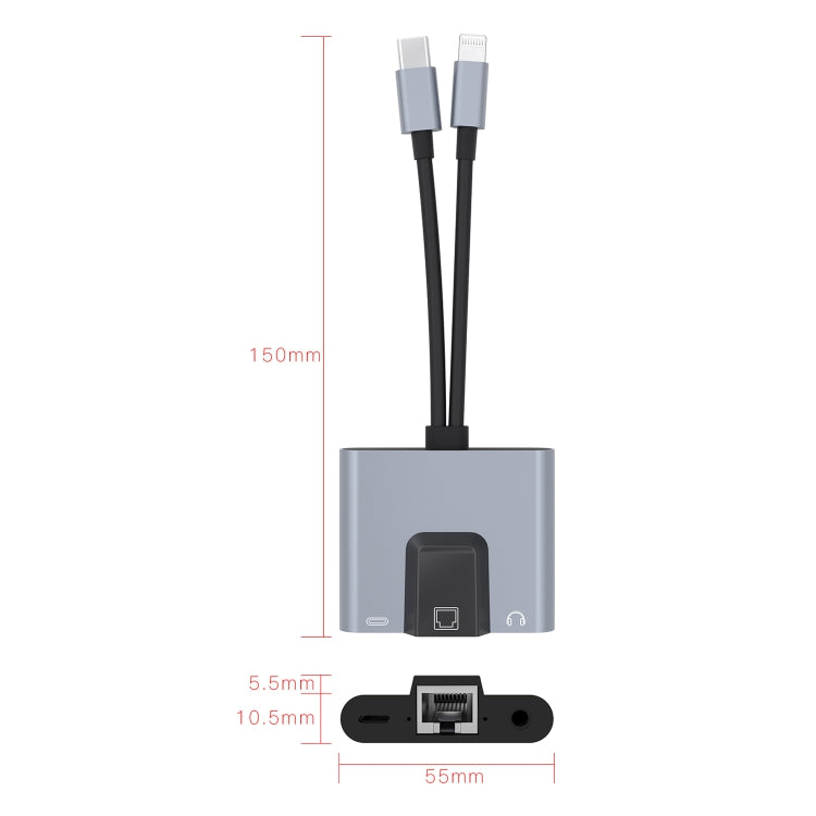 NK-1056Pro 3 in 1 8 Pin + USB-C / Type-C Male to 8 Pin Charging + Ethernet + 3.5mm Earphone Female Adapter, NK-1056Pro