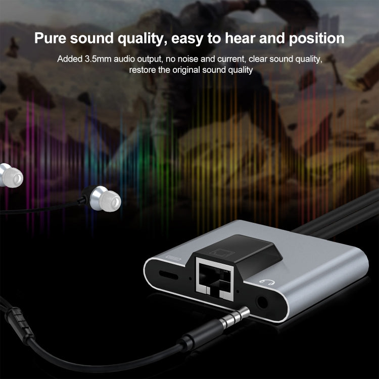 NK-1056Pro 3 in 1 8 Pin + USB-C / Type-C Male to 8 Pin Charging + Ethernet + 3.5mm Earphone Female Adapter, NK-1056Pro