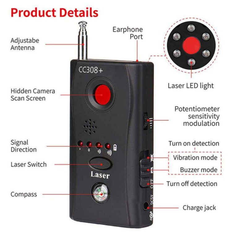 CC308+ Multi Wireless Camera Lens Detector Radio Wave Signal Detect Full-range RF GSM Device Finder, CC308+