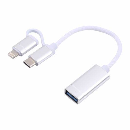 USB 3.0 Female to 8 Pin + USB-C / Type-C Male Charging + Transmission OTG Nylon Braided Adapter Cable, Cable Length: 11cm, 8 Pin Silver + White, 8 Pin Black, 8 Pin Silver, 8 Pin Red, 8 Pin Blue