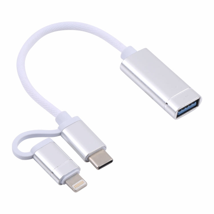 USB 3.0 Female to 8 Pin + USB-C / Type-C Male Charging + Transmission OTG Nylon Braided Adapter Cable, Cable Length: 11cm, 8 Pin Silver + White, 8 Pin Black, 8 Pin Silver, 8 Pin Red, 8 Pin Blue