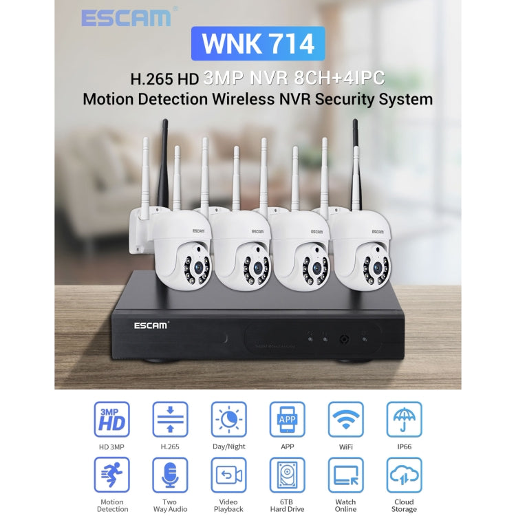 ESCAM WNK714 3.0 Million Pixels 4-channel HD Dome Camera NVR Wireless Monitoring Kit, AU Plug, SPC0100AU, SPC0100EU, SPC0100UK, SPC0100US