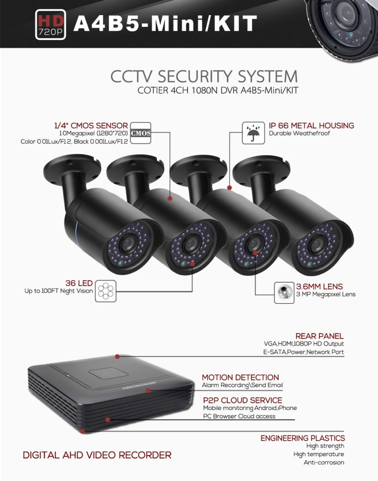 A4B5-Mini 4 Channel 720P 1.0 Mega Pixel 4 x Bullet AHD Cameras AHD DVR Kit, Support Night Vision / Motion Detection, IR Distance: 20m, A4B5-Mini Kit