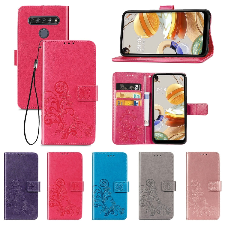 For LG K61 Four-leaf Clasp Embossed Buckle Mobile Phone Protection Leather Case with Lanyard & Card Slot & Wallet & Bracket Function, For LG K61