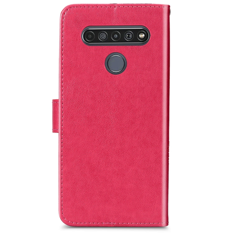 For LG K61 Four-leaf Clasp Embossed Buckle Mobile Phone Protection Leather Case with Lanyard & Card Slot & Wallet & Bracket Function, For LG K61