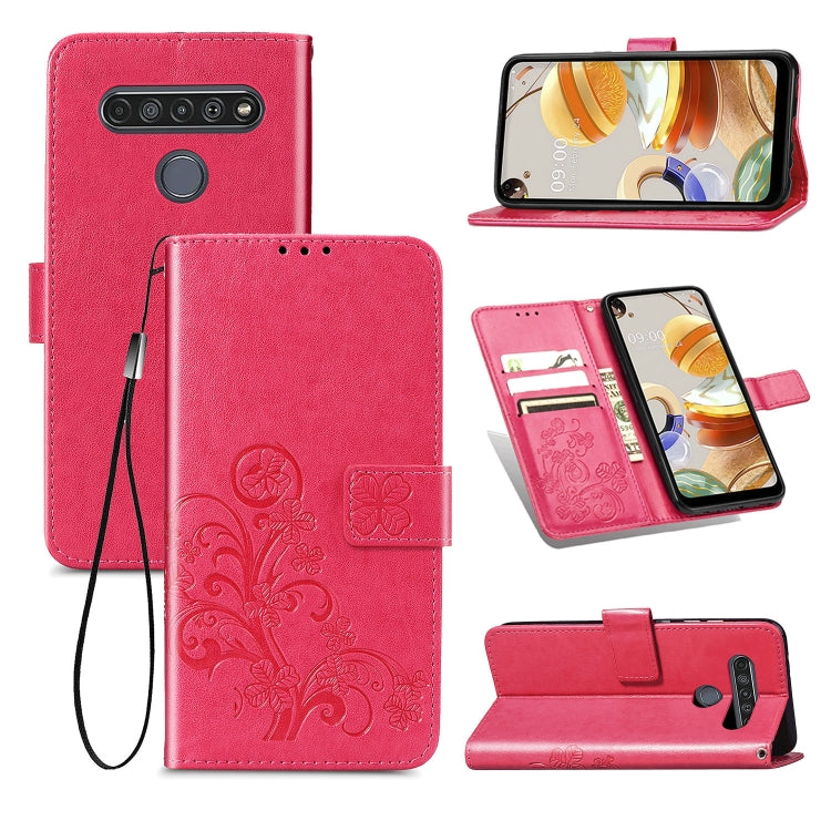 For LG K61 Four-leaf Clasp Embossed Buckle Mobile Phone Protection Leather Case with Lanyard & Card Slot & Wallet & Bracket Function, For LG K61