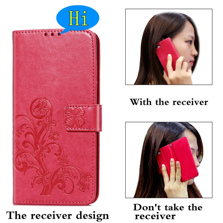 For LG K61 Four-leaf Clasp Embossed Buckle Mobile Phone Protection Leather Case with Lanyard & Card Slot & Wallet & Bracket Function, For LG K61