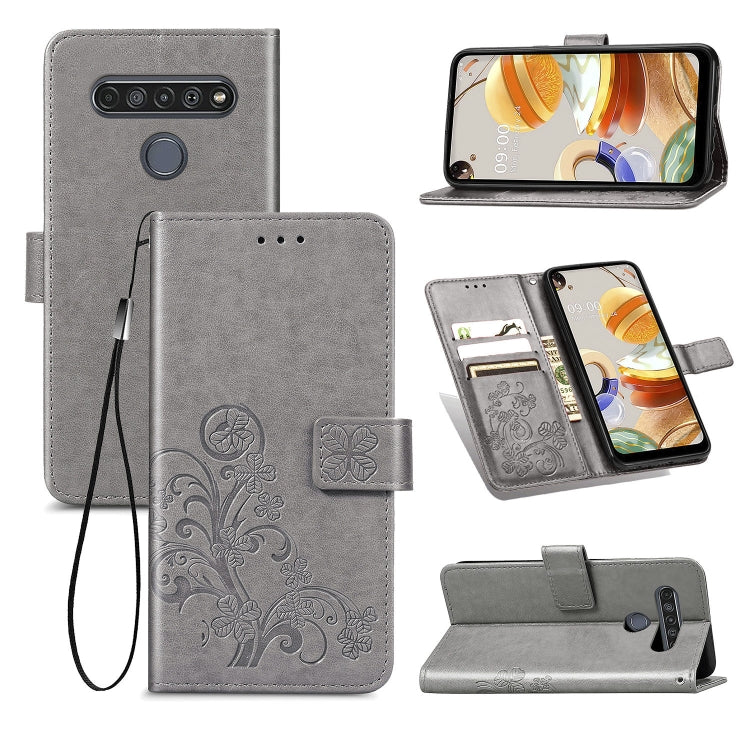 For LG K61 Four-leaf Clasp Embossed Buckle Mobile Phone Protection Leather Case with Lanyard & Card Slot & Wallet & Bracket Function, For LG K61