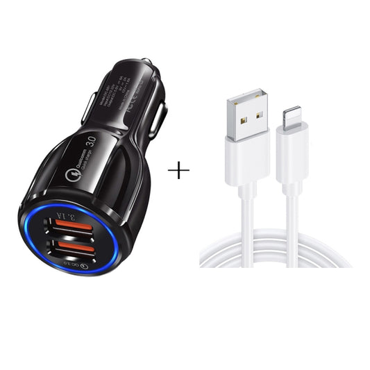 Qc3.0 Dual USB Car Charger + 8 Pin Fast Charging Line Car Charging Kit, 8 Pin (Black), 8 Pin (White)